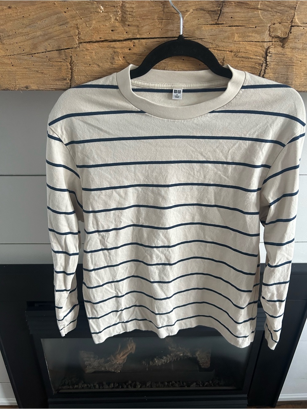 Uniqlo Cream Long-Sleeve Tee with Navy Stripes